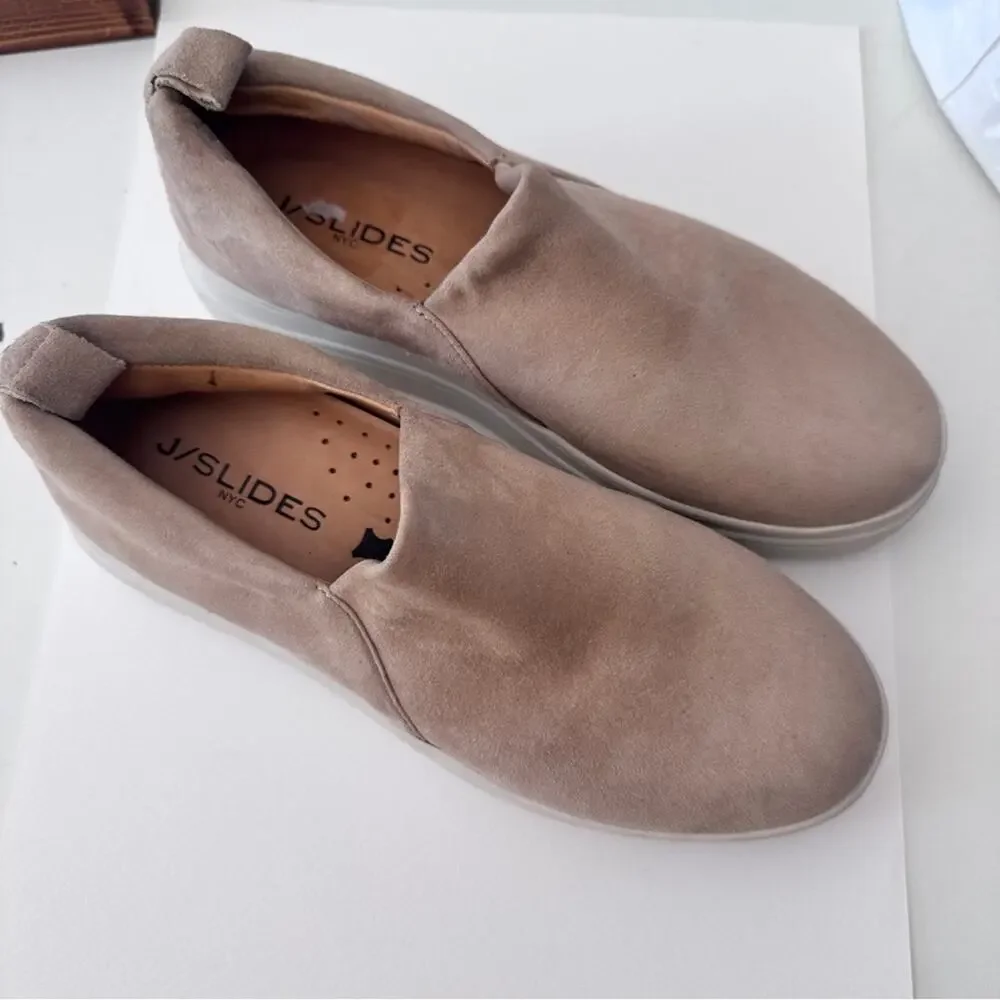 J Slides Tan Suede Leather Slip On Platform Flats Womens 7 Comfort Shoes Classic